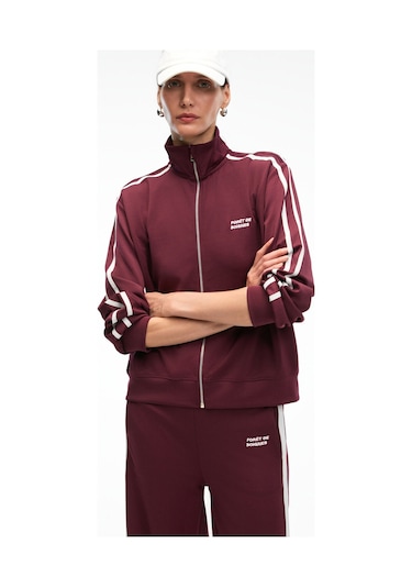 ZINNIE Kadın Regular Nakış Ve Yan Şerit Detaylı Metal Fermuarlı Dik Yaka Bordo Ceket