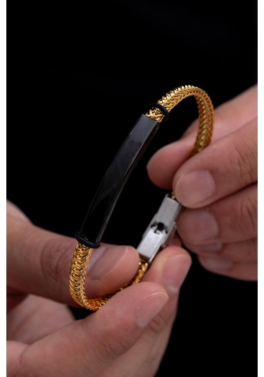 Erkek Çelik Bileklik - İsim Yazılabilir Altın Kaplama Gurmet Zincir Erkek Bileklik Gold