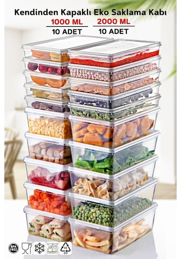 Nandy Home Kendinden Kapaklı Derin Dondurucuya Uygun Saklama Kabı 20'li Set 1 L -  2 L