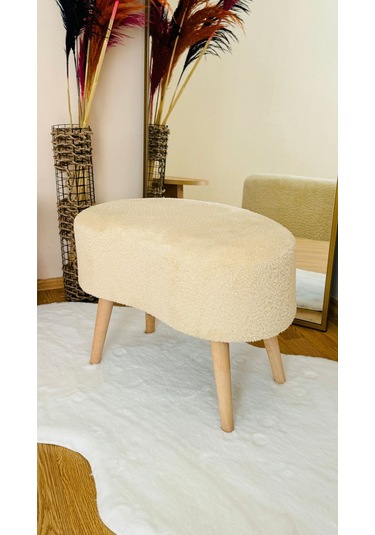 Fasulye Model Ahşap Ayaklı Teddy Kumaş Dekoratif Puf Bench Ekru