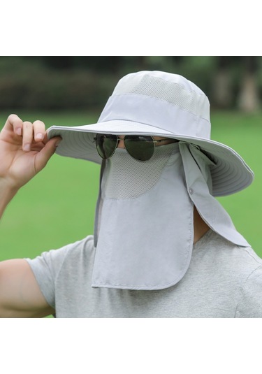 Çıkarılabilir Boyun Koruyucu Ve Yüz Siperliği Olan Geniş Kenarlı Ağızlı Güneşlik Şapka Gri