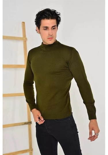 Erkek Tam Balıkçı Yaka Düz Renk Kazak - Yeşil 001