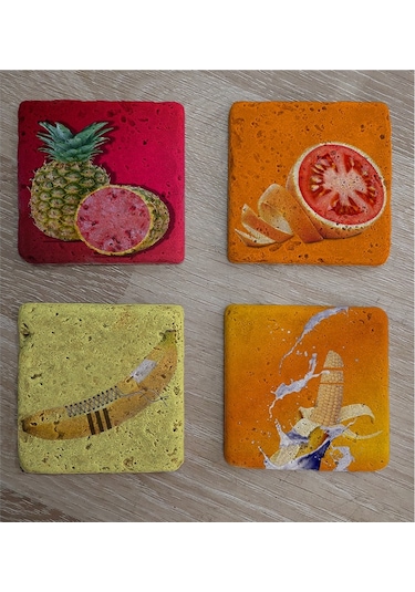 İlüstrasyon Meyve Manipülasyon Doğal Taş Bardak Altlığı 4'lü Set - Natural Stone Coasters - Taş Çok Renkli