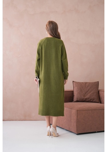 Kadın Bisiklet Yaka Yumuşak Dokulu Maksi Boy Şardonlu Oversize Triko Elbise 8324sw Haki