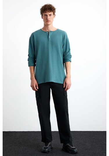 Lorenzo  Erkek Özel Rustik Dokulu %100 Organik Pamuk Düğme Detaylı Regular Yeşil Sweatshirt