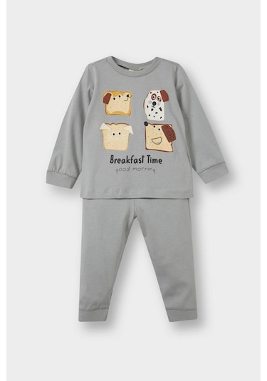 Defacto Erkek Bebek Pijama Takımı Baskılı Uzun Kollu Penye Üst Uzun Alt F2917a525augr454 Gri