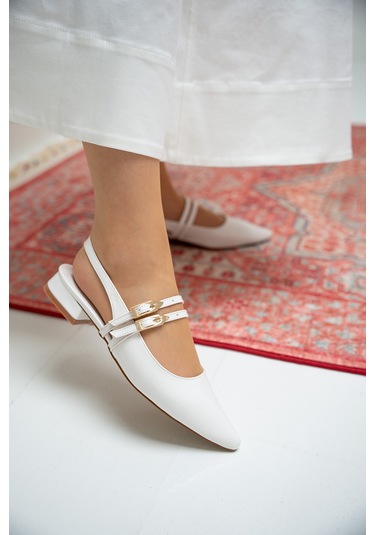 Holly Çift Toka Detaylı Babet Beyaz