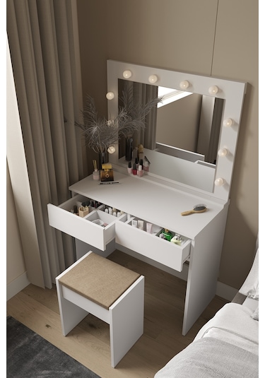 Dekorfim DF02103B Hollywood Işıklı Aynalı Çekmeceli Makyaj Masası