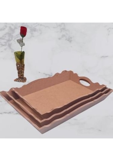 Hobi Dekoratif Model Üçlü Tepsi Seti Dalgalı Kenar Ahşap HAM MDF El Yapımı