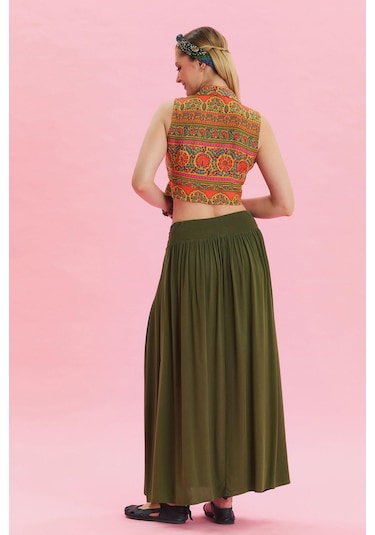 Beli Lastikli Drape Detaylı Otantik Etek Haki