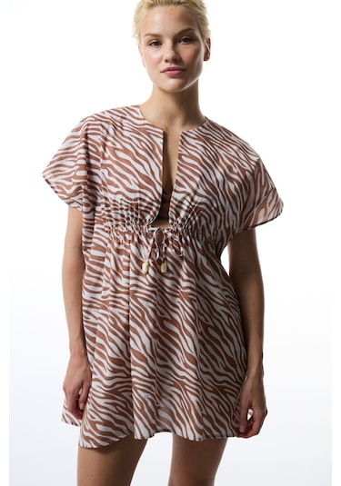 Penti Gale Zebra Desenli Bağlama Detaylı Mini V Yaka Kaftan Çok Renkli