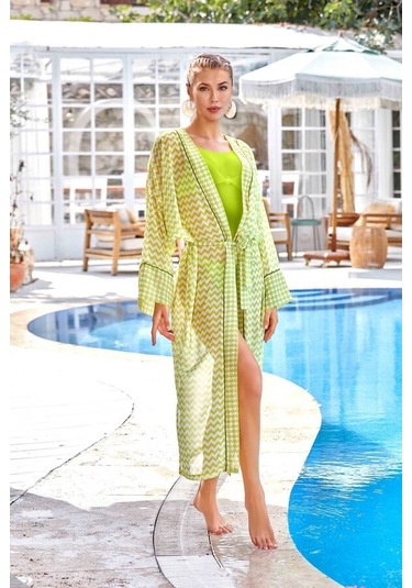 Mayo Üzerine Tek Pareo Kaftan Leysa Nady 6129 Neon Yeşili Neon Yeşil