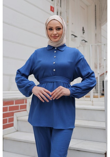 Taş Düğme Detaylı Takım İndigo I Ndigo
