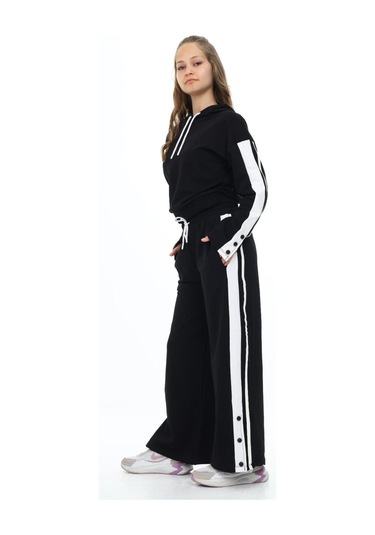 Kız Çocuk %100 Pamuk Kapüşonlu Uzun Kol Oversize Alt&üst Eşofman Takımı-eşt-0020 Siyah