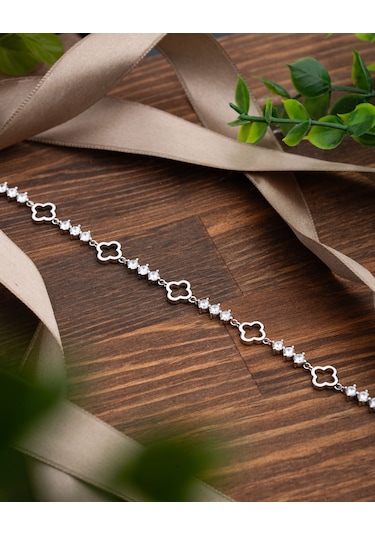 925 Ayar Rodyum Yonca Motifli Suyolu Gümüş Bileklik Gümüş - Rodyum