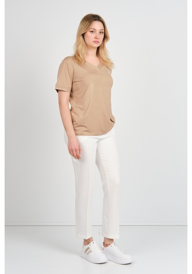Ella Camelia Kadın Kısa Kollu V Yaka Sim Detaylı Bluz 24e032 Vizon Vizon