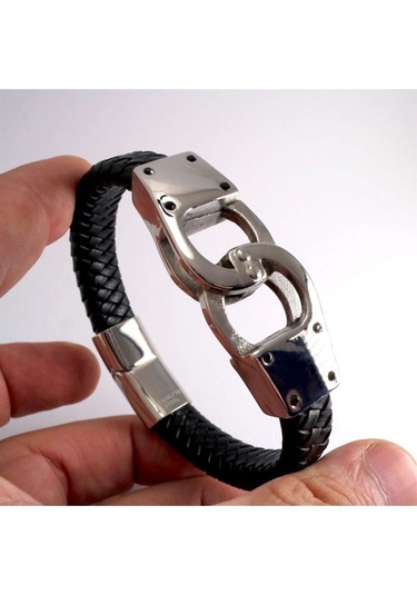 Erkek Siyah Ottoman Kelepçe Model Deri Çelik Bileklik Çelik