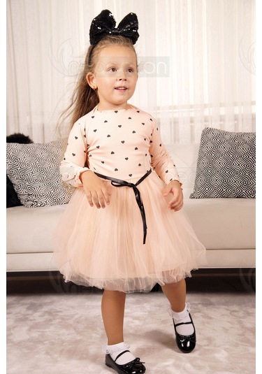 Kız Bebek-çocuk Uzun Kollu Doğum Günü Ve Özel Günler İçin Kalpli Tüllü Astarlı Elbise SOMON