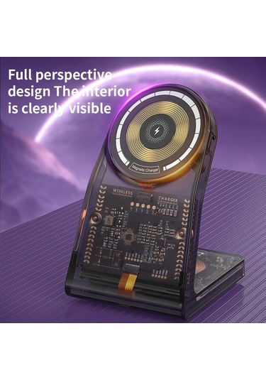 Lfx-198 15w Şeffaf Magsafe Kablosuz Şarj Standı, Çıkarılabilir Saat Şarj Cihazı İle Siyah