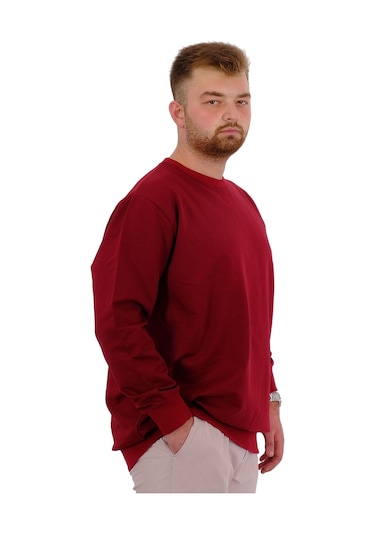 Mode Xl Büyük Beden Erkek Bisiklet Yaka Basic Sweatshirt U24174 Bordo Bordo