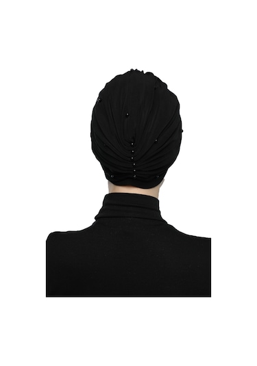 Kopma Astarlı İşlemeli Siyah Sarı Dantel Motifli Hazır Türban Tesettür Abiye Bone Siyah - Sarı