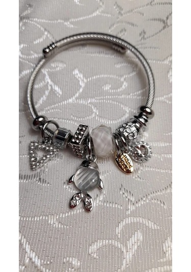 Uzel Çelik Gümüş Silver Model Taşlı, Balık Charmlı Çelik Bileklik Beyaz