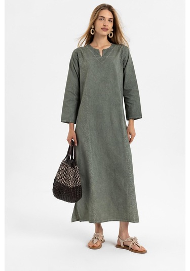 Haki İşlemeli Uzun Kollu Astarsız Pamuklu Uzun Elbise-hakı