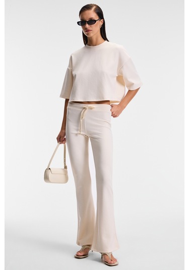 Grımelange Vela Kadın Esnek Kumaşlı Bisiklet Yaka Oversize Fit Bej T-shirt Bej