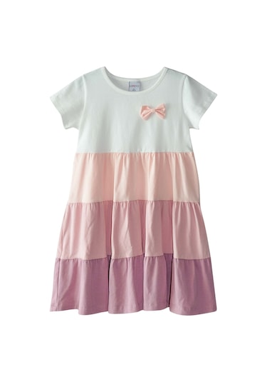 Lovetti Ekru + Gül Kurusu Kız Çocuk Kısa Kol Fiyonklu Renkli Kat Kat Elbise 9242W0102 Ekru - Gül Kurusu