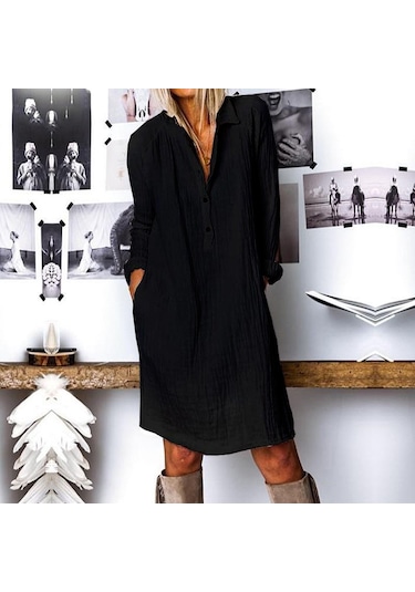 Barbora Günlük Rahat Baharlık Salaş Gömlek Yaka Elbise Bt405siyah11 001