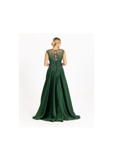 Hint Aksesuarlı Saten Görünümlü Abiye-koyu Yeşil Koyu Yeşil