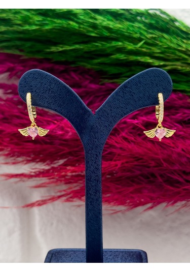 925 Ayar Gümüş Gold Renk Kalpli Pembe Kuvars Taşlı Melek Kanadı Modeli Lüks Kadın Küpe Gümüş