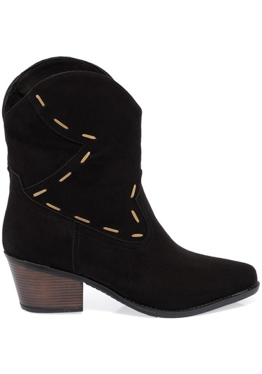 Gdt Ayakkabı Siyah Renk Süet Kalın Topuk Kadın Kovboy Bot Siyah