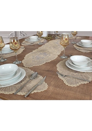 Bej Venice Amerikan Servis Supla Ve Runner Seti 6 Kişilik Set 7 P Bej