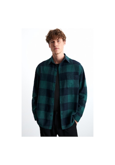 Wıldy  Erkek Pamuk-polyester Gömlek Yaka Relaxed Oduncu Yeşil Gömlek