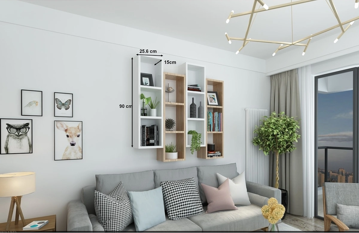 Kitaplık Modern Ev Duvar Rafı Meşe Beyaz 4 Lü Takım Meşe-beyaz