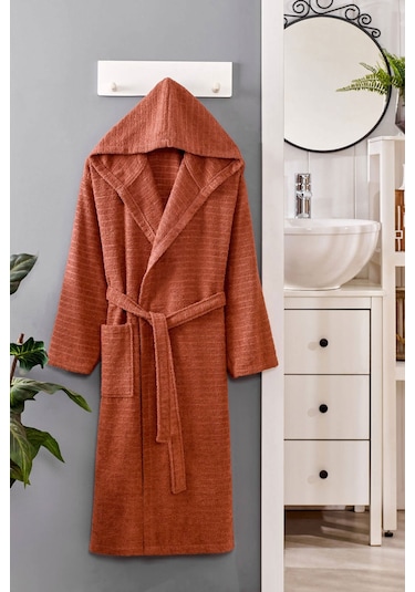 2 Li Kapşonlu Unisex Banyo Bornozu Seti %100 Soft Pamuklu Antasit-kiremit