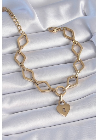 Gold Renk Zincir Model Kilit Kalp Figür Kadın Bileklik - Ebj241026w28788 Bakır