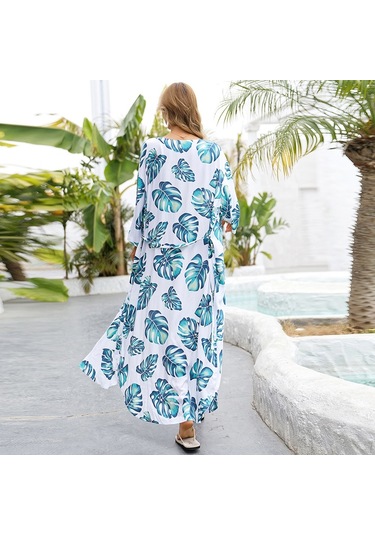 Kadınlar Plajı Tatil Muz Yaprağı Baskı Hırka Bikini Güneş Pareo Beyaz - Yeşil