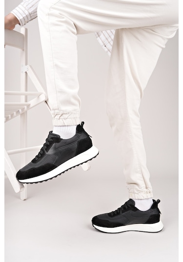 Muggo Svenson Kalın Taban Bağcıklı Hakiki Deri Erkek Günlük Sneaker Spor Ayakkabı Siyah