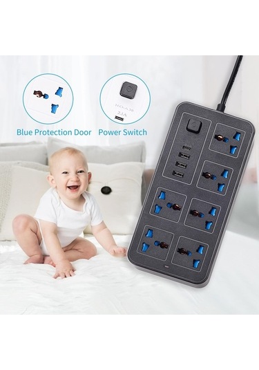Pazly 6 Ac Soketli 3 Usb Tip C Güç Şeridi 6ft Uzatma Kablosu Ev Aşırı Gerilim Koruyucu Beyaz Eu Plug 1.8 M