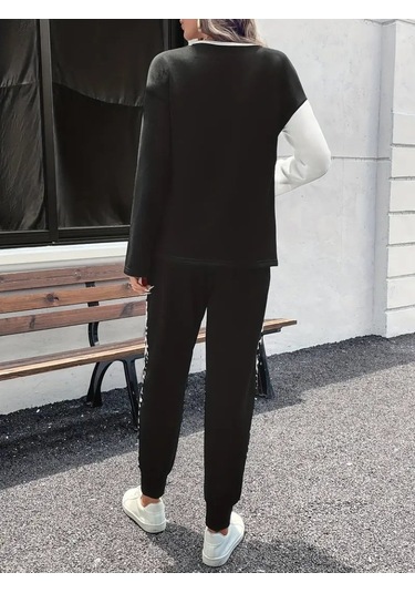 Tua Moda Kadın Uzun Kollu Bisiklet Yaka Çift Renkli Viskon Iki Iplik Bluz Ve Pantolon Ikili Takım Siyah