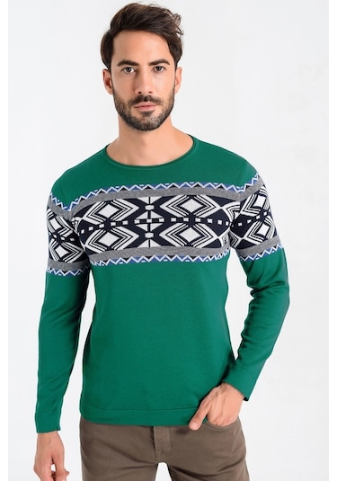 Heyss Bisiklet Yaka Desenli Yeşil Erkek Triko Kazak Yeşil
