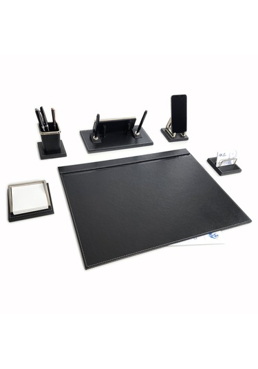 Melen Lüks Siyah Ahşap-deri Sümen Takımı Masa İsimlikli 6 Parça