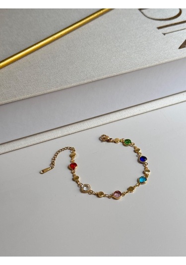 Renkli Taş Detaylı Altın Kaplama Bileklik Zarif Kadın Takı Çok Renkli