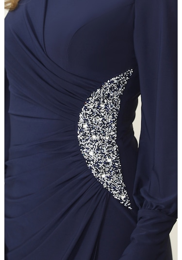 Taş Detaylı Lavinni Tesettür Abiye Elbise Lacivert