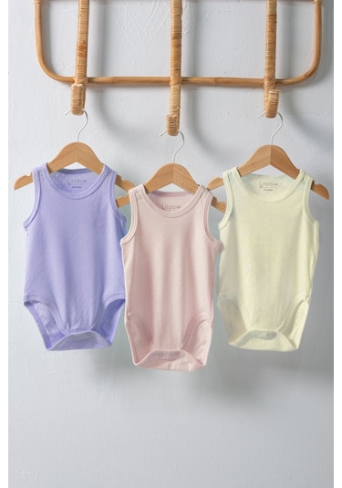 Lilabio %100 Organik Pamuk 3'lü Jakarlı Atlet Bebek Body Seti Lila Çok Renkli