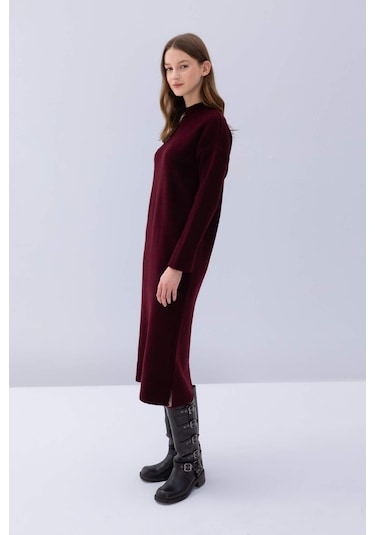 DeFacto Relax Fit Yarım Balıkçı Yaka Midi Triko Bordo Elbise D8596AX24WNBR467