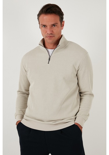 Buratti Pamuklu Regular Fit Yarım Fermuarlı Dik Yaka Erkek Sweat 5905716 Taş
