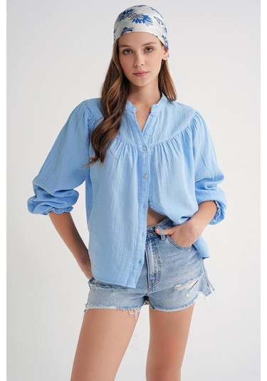 4733 Kadın Büzgü Robalı Uzun Kol Müslin Gömlek Bebe Mavi Bebe Mavi